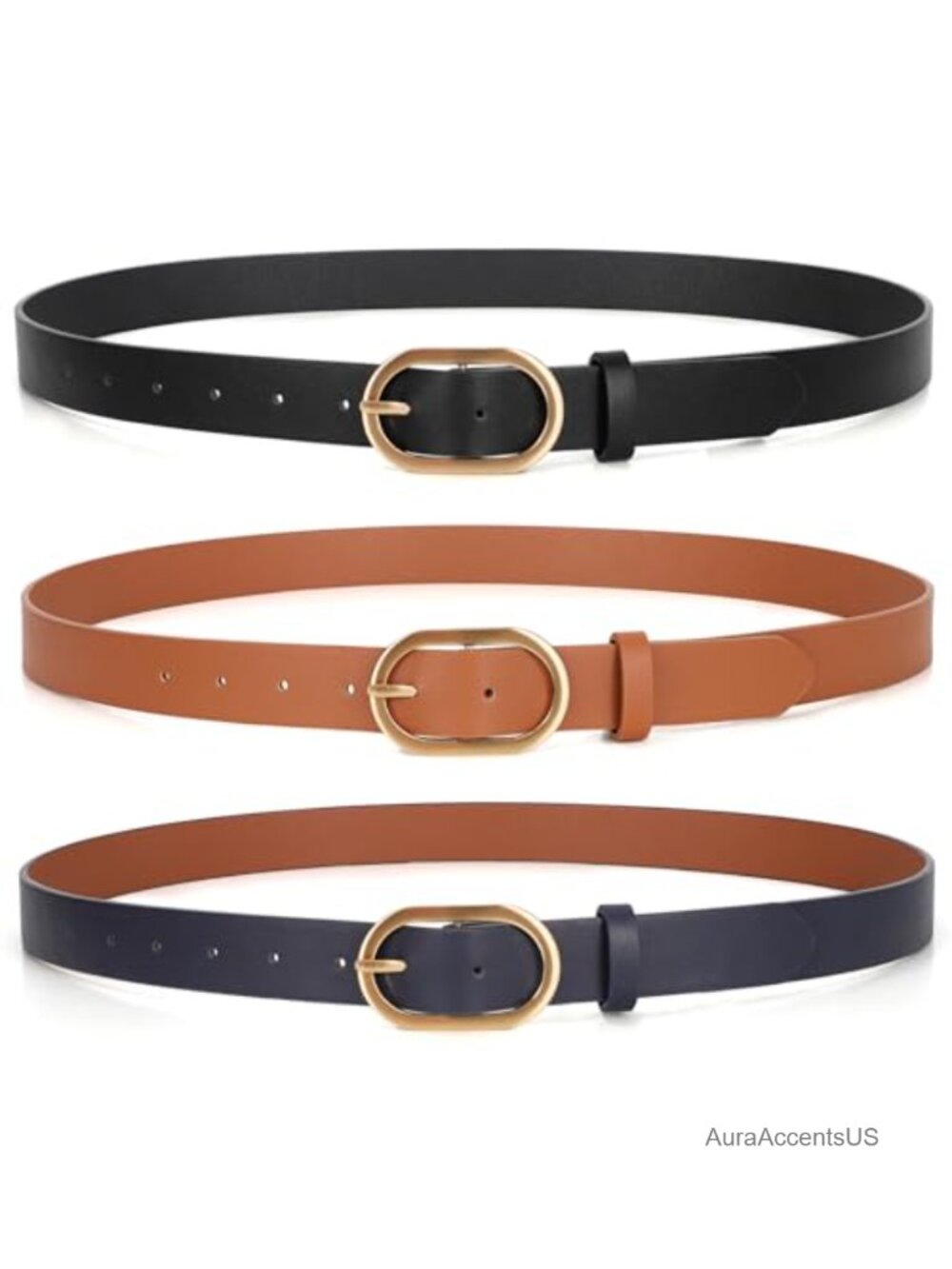 Plus Size Women's Leather Belt 3 Pack - Fashion Gold Buckle Waist Belt for